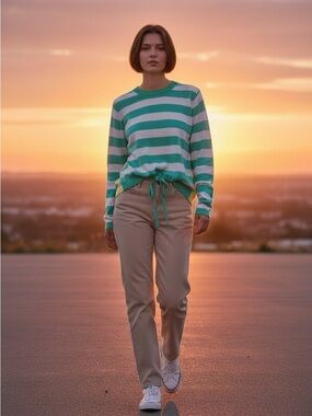 Striped Crewneck Sweater in Green and White